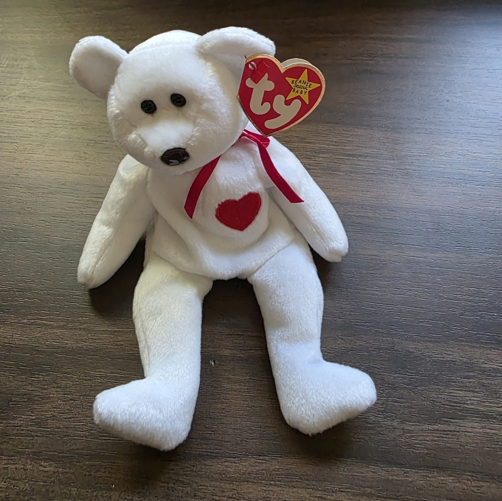 TY Beanie Baby - Valentino White Plush Bear with Red Heart - Errors